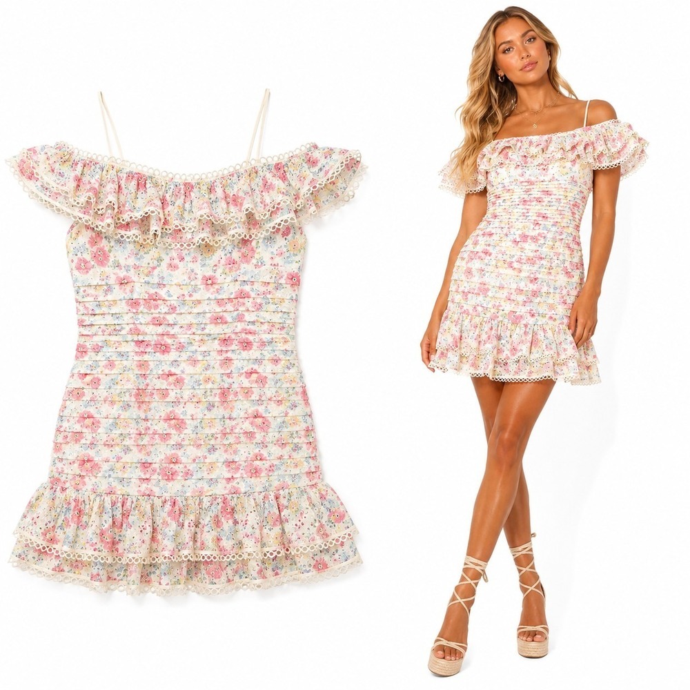 NEW ASTR The Label Mini Dress L Una Floral Eyelet Lace Coquette Ivory Pink Girly